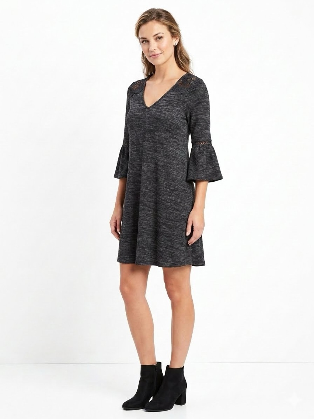 A. Byer Gray Knit Lace Bell Sleeve Sweater Dress Size Small V-Neck NWT Slip On